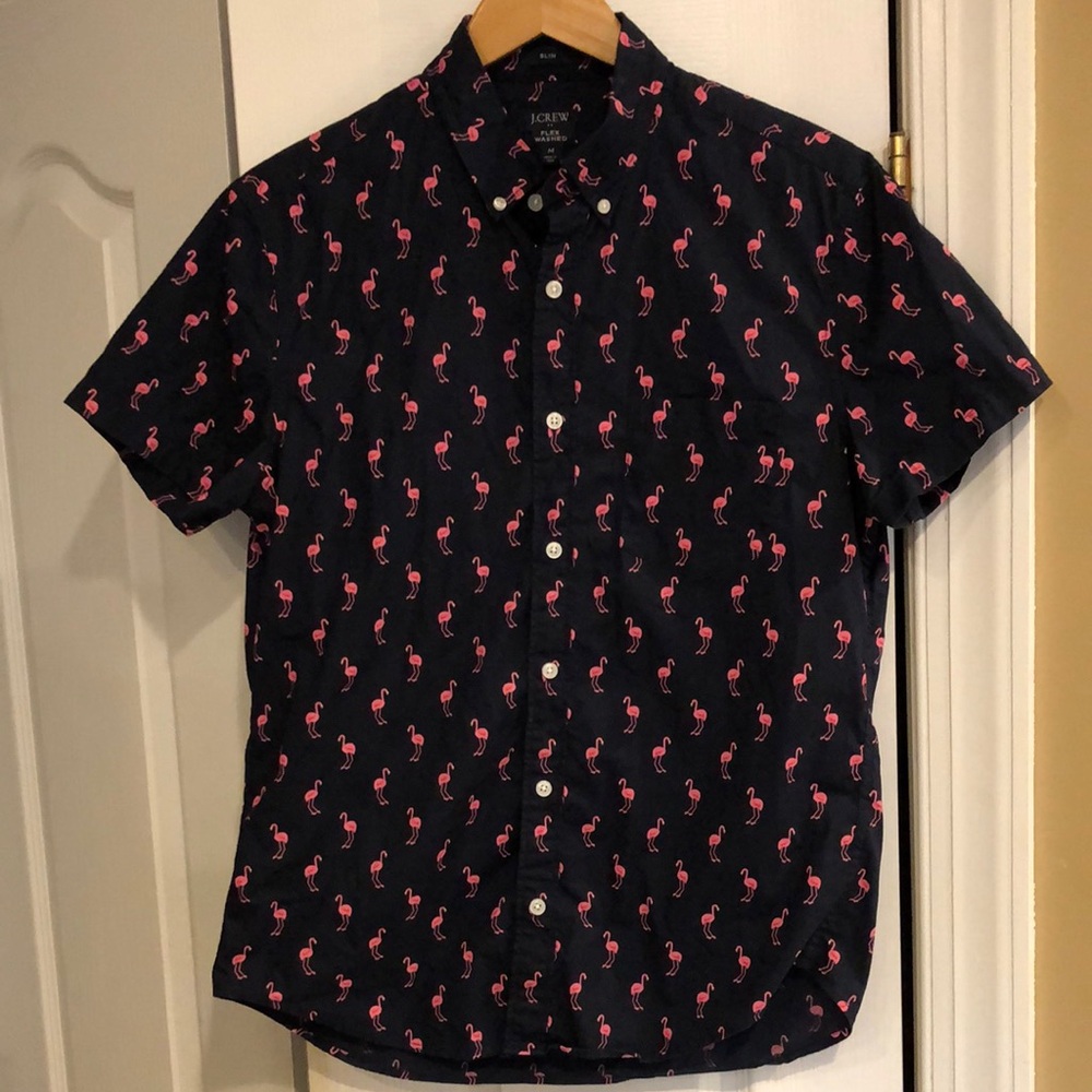 Men’s J Crew navy short sleeve button down shirt with pink flamingo pattern